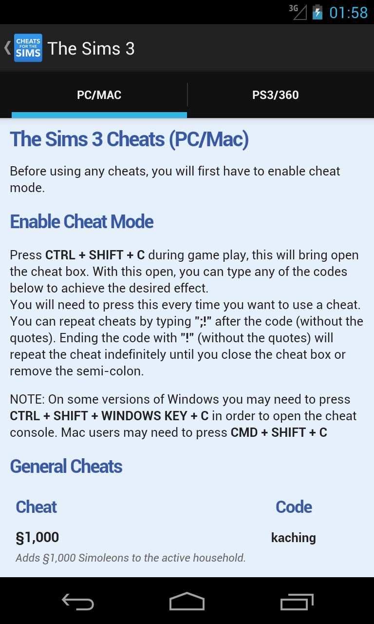 Cheats for The Sims