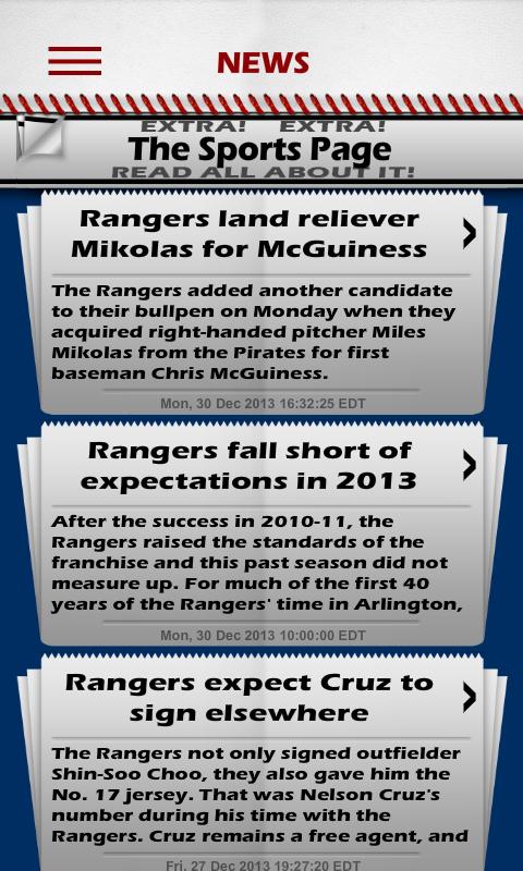 Baseball Pocket Sked - Rangers