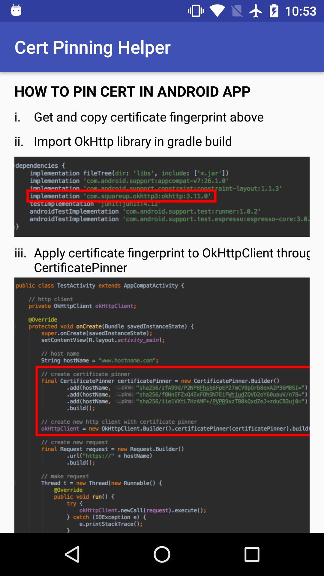 Certificate Pinning Helper